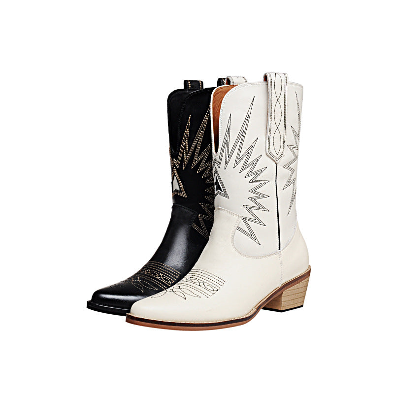 Womens Western Boots Mid Calf Contrast-stitching Cowboy Boots- Black/White Cowgirl Boots