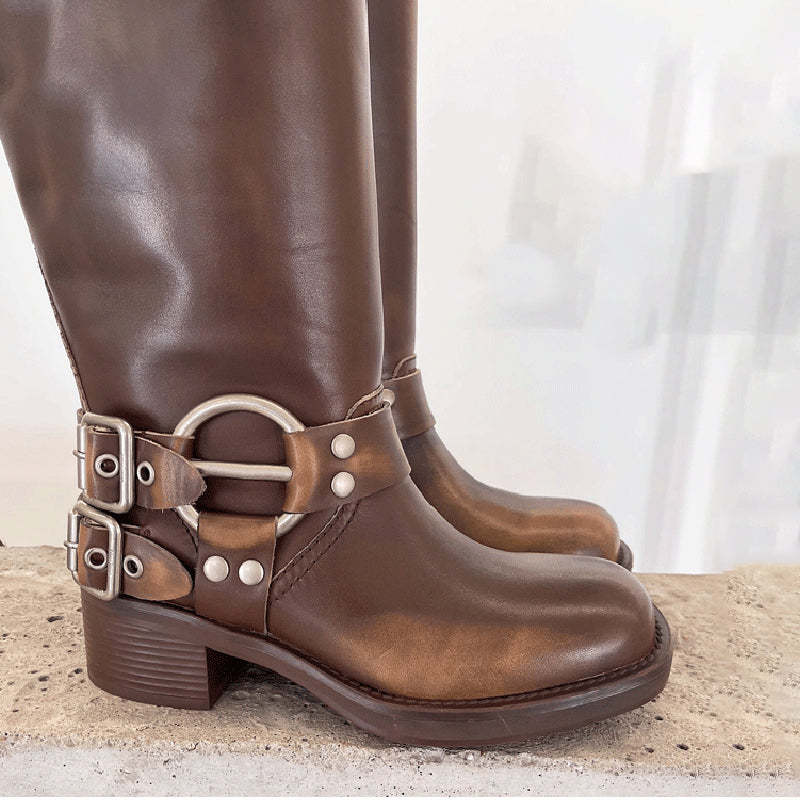Genuine Leather Tall Boots For Women Western Cowboy Boots Riding Boots Big Round Toe