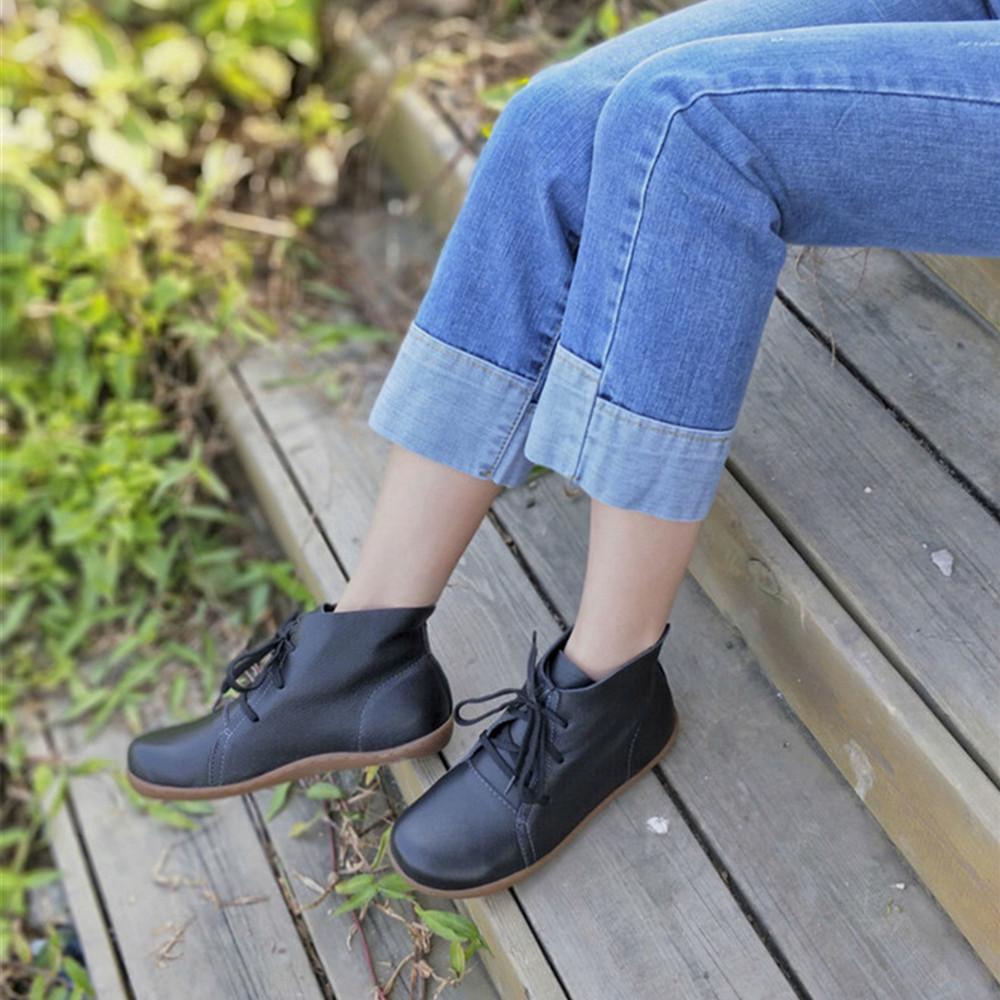 Leather Women Ankle Booties Lace-Up Casual Shoes Flats Brown/Black