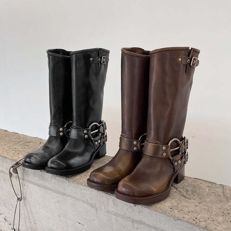 Genuine Leather Tall Boots For Women Western Cowboy Boots Riding Boots Big Round Toe