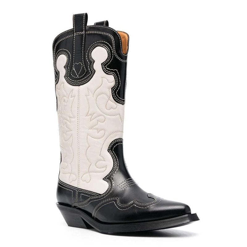 Womens Contrasting Embroidery Western Boots Mid Calf Leather Cowboy Bo