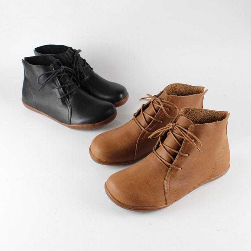 Leather Women Ankle Booties Lace-Up Casual Shoes Flats Brown/Black