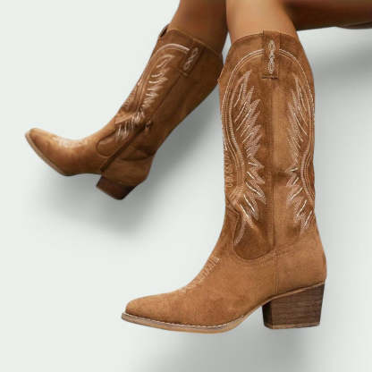 Embroidered Western Cowboy Boots with Low Heel (Women)