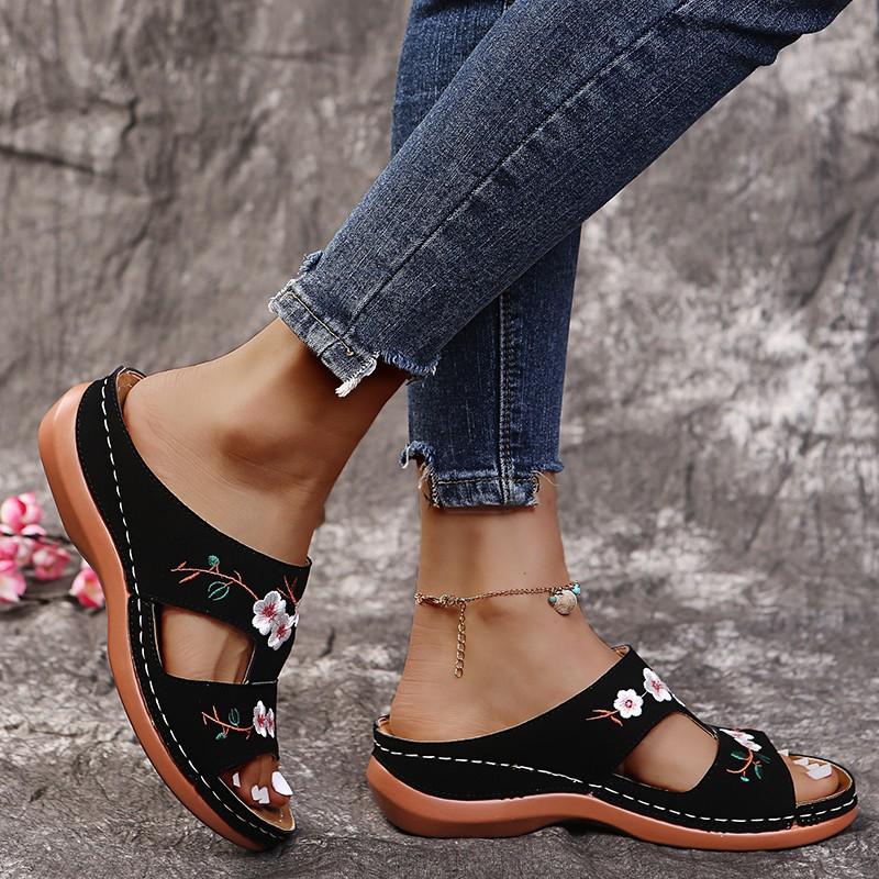 Premium Flower Embroidered Arch Support Anti-Slip Wedges Sandal