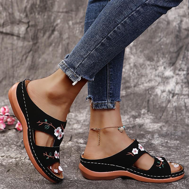 Premium Flower Embroidered Arch Support Anti-Slip Wedges Sandal