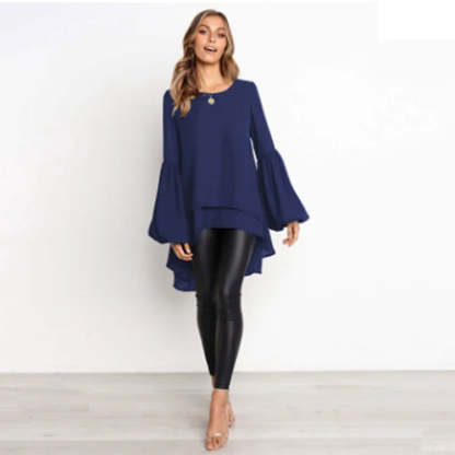 Asymmetrical Lantern Sleeve Round Neck Blouse