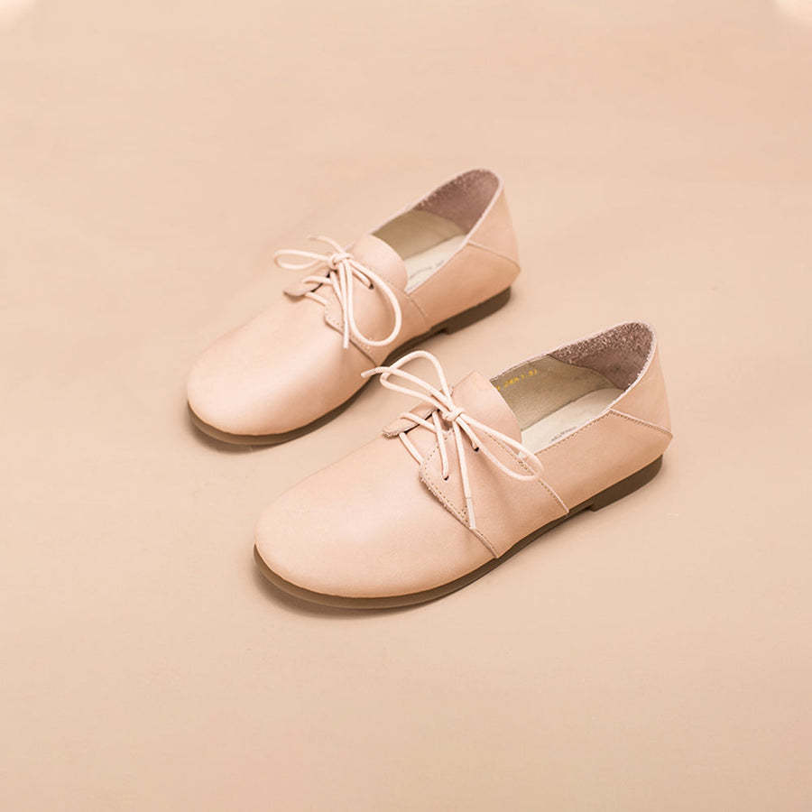 Soft Leather Lace Up Flats Women Yellow/White/Pink