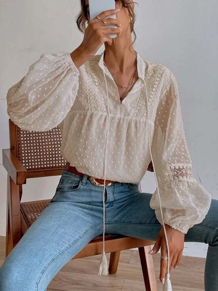 Lace blouse with long sleeves and V-neck