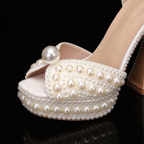 Women's Wedding Shoes Pearl Wedding Sandals Bridal Shoes Elegant Peep Toe Platform Flare Heel Shoes
