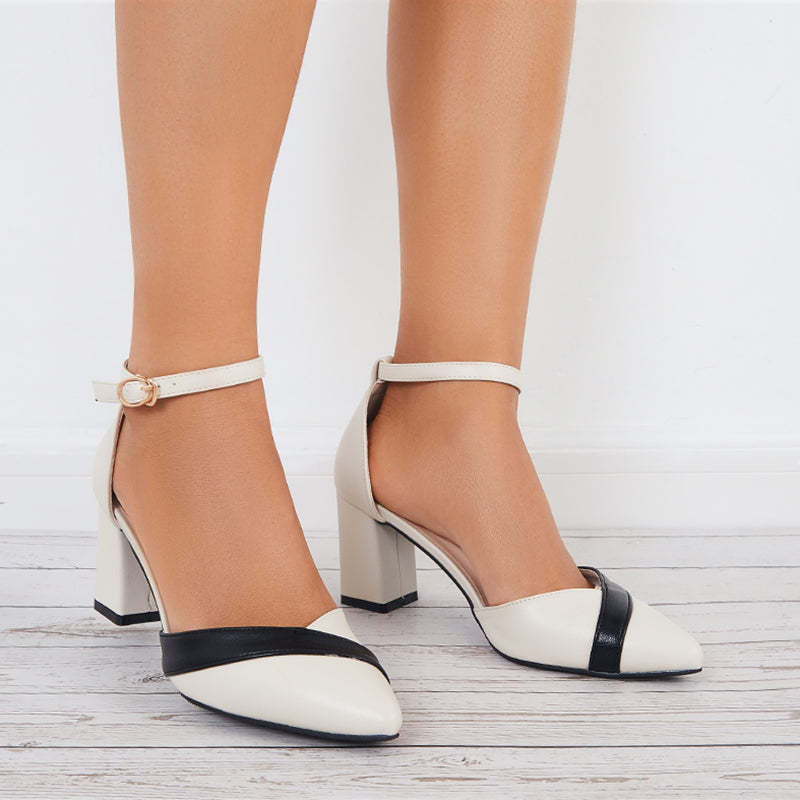 Women Mary Jane Pumps Pointed Toe Ankle Strap Buckle Chunky Block Heels