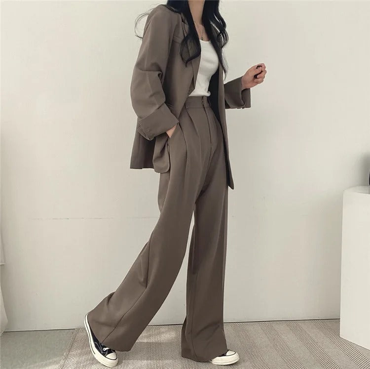 Plain Blazer and Straight Fit Pants Set