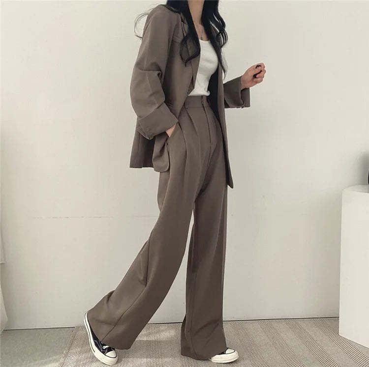 Plain Blazer and Straight Fit Pants Set