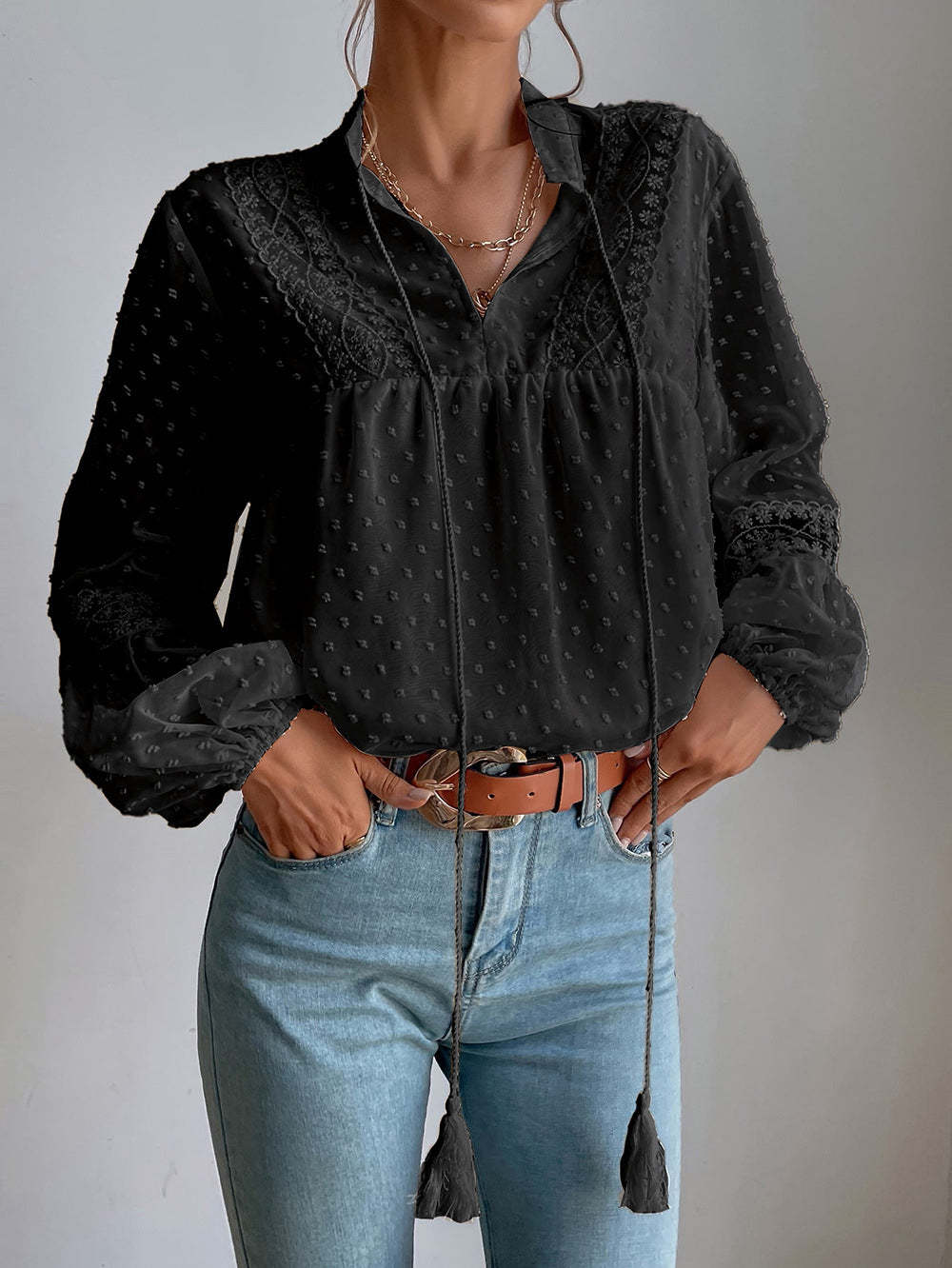 Lace blouse with long sleeves and V-neck