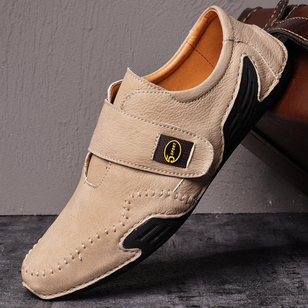 Men's Hand Stitching Leather Hook Loop Soft Casual Driving Shoes
