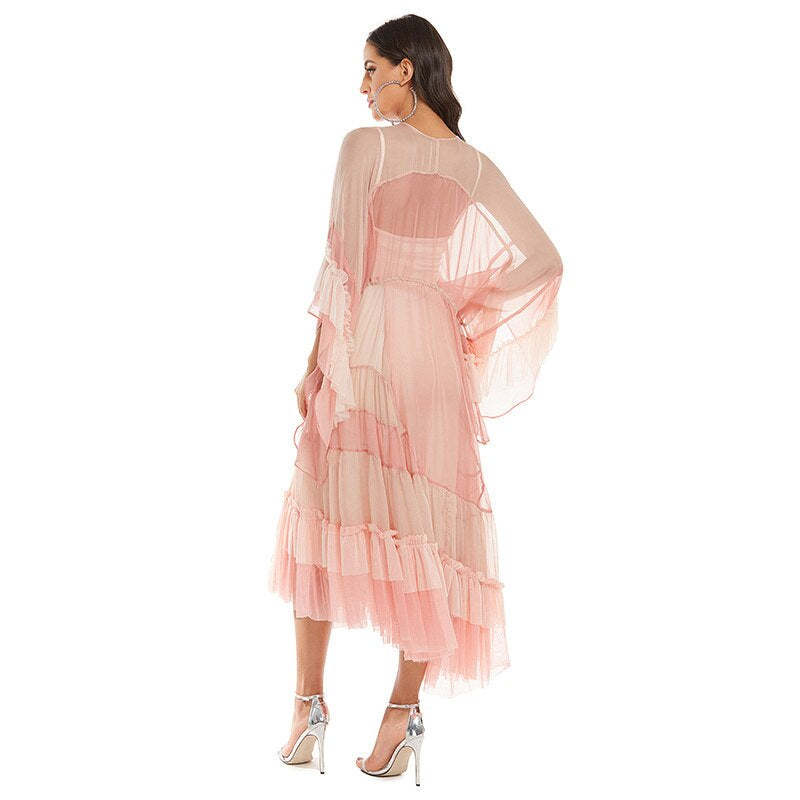 hemian Pink Mesh Maxi Dress