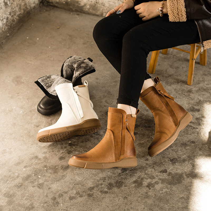 Waxing Leather Chelsea Boots Handmade British Boots Double Zip Fleece Lined Snow Boots