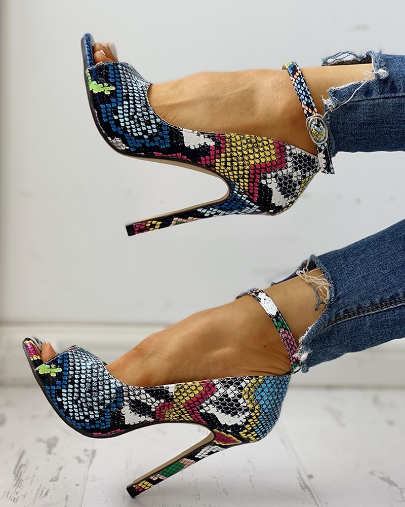 Peep Toe Colours Snakeskin Print Thin Heels