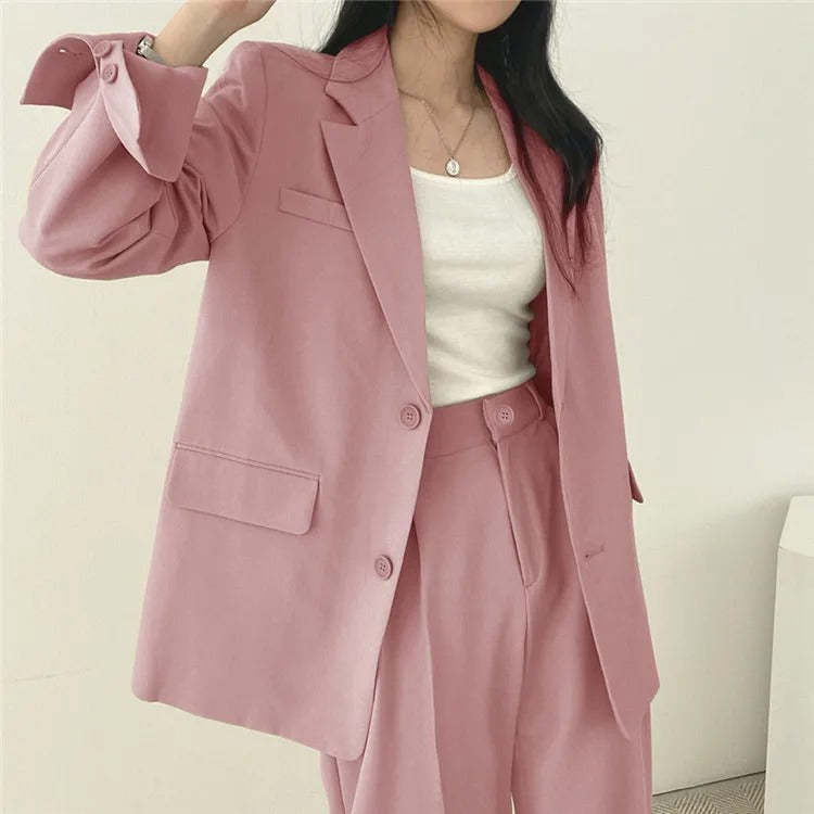 Plain Blazer and Straight Fit Pants Set