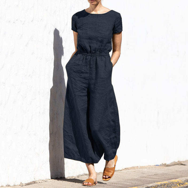 Plain Short Sleeve Linen Jumpsuit