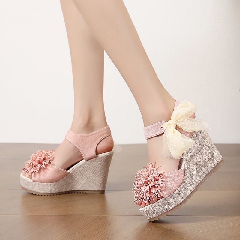 Floral Pattern Bowknot Decor Platform Wedge Sandals