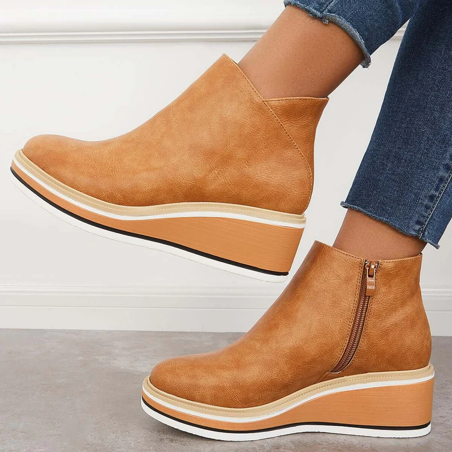 Casual Wedge Sneakers Side Zipper Platform Wedge Ankle Boots