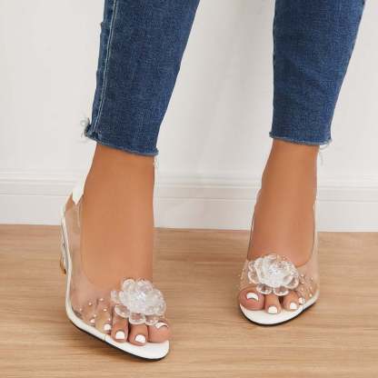 Women's Clear Flower Rhinestone Sparkly Slingback Heels Wedge Sandals