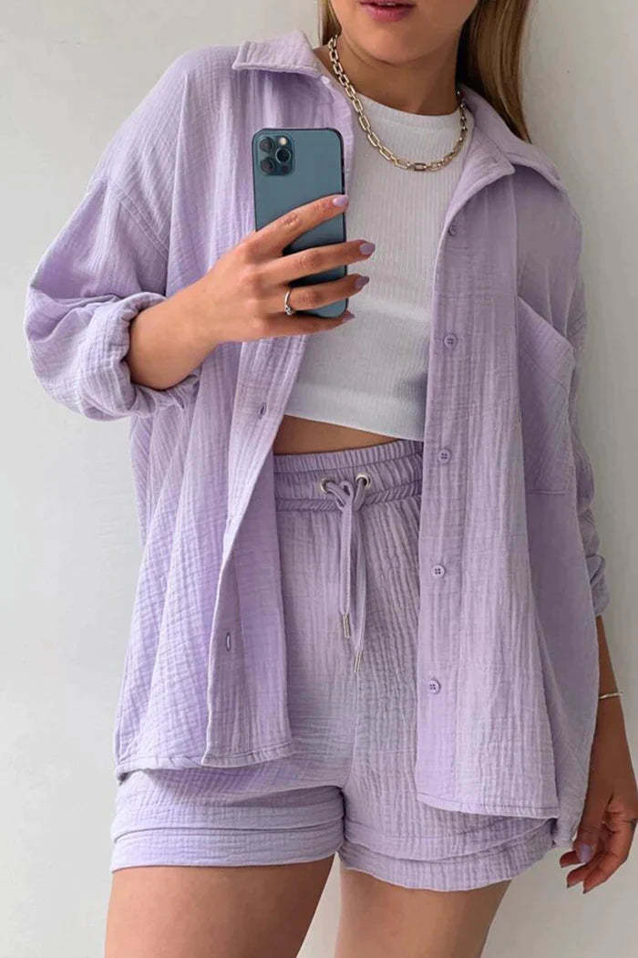 Two-piece set with long sleeves and shorts