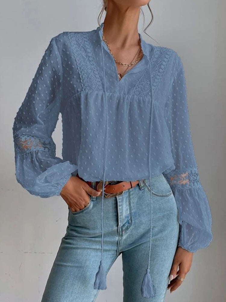 Lace blouse with long sleeves and V-neck