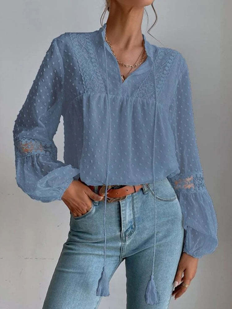 Lace blouse with long sleeves and V-neck