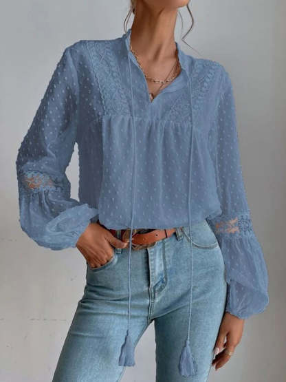 Lace blouse with long sleeves and V-neck
