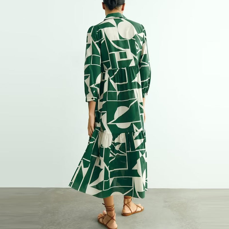 Geometric Bloc Print Long Shirt Dress