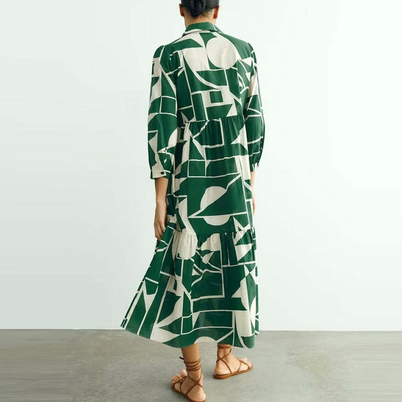Geometric Bloc Print Long Shirt Dress
