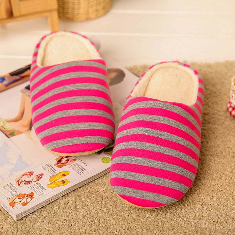 Women Warm Indoor Slippers Fur Striped Winter Slides