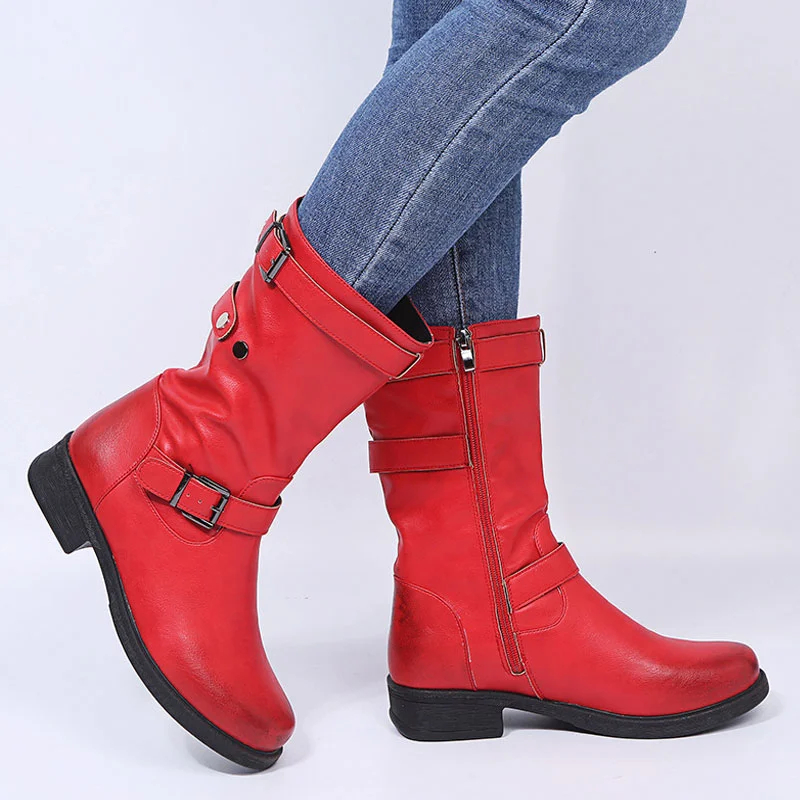 Low Heel Women's Boots with Polished Color Belt Buckle