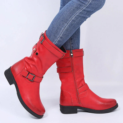 Low Heel Women's Boots with Polished Color Belt Buckle