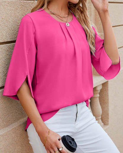 Pleated Neckline Half-Sleeve Blouse