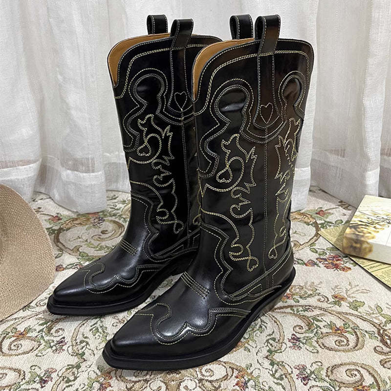 Womens Contrasting Embroidery Western Boots Mid Calf Leather Cowboy Boots in Blue/Brown/Black