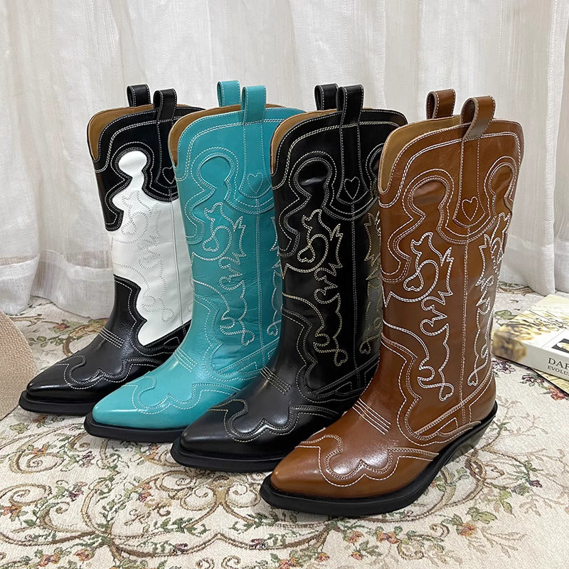Womens Contrasting Embroidery Western Boots Mid Calf Leather Cowboy Boots in Blue/Brown/Black