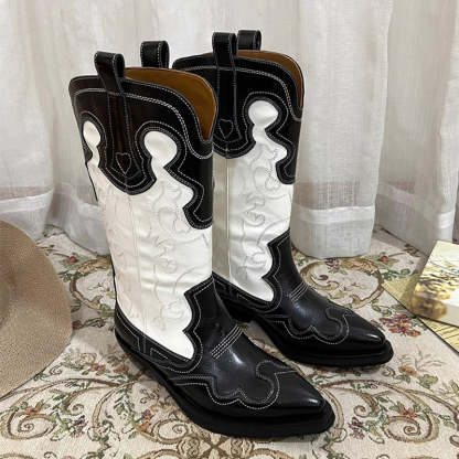 Womens Contrasting Embroidery Western Boots Mid Calf Leather Cowboy Boots in Blue/Brown/Black