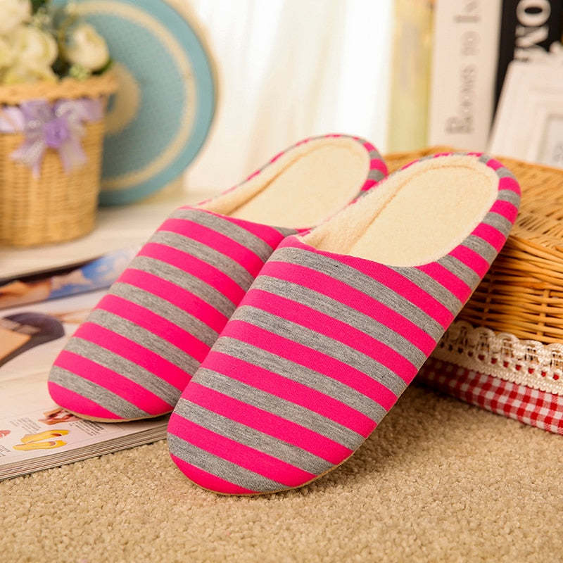 Women Warm Indoor Slippers Fur Striped Winter Slides