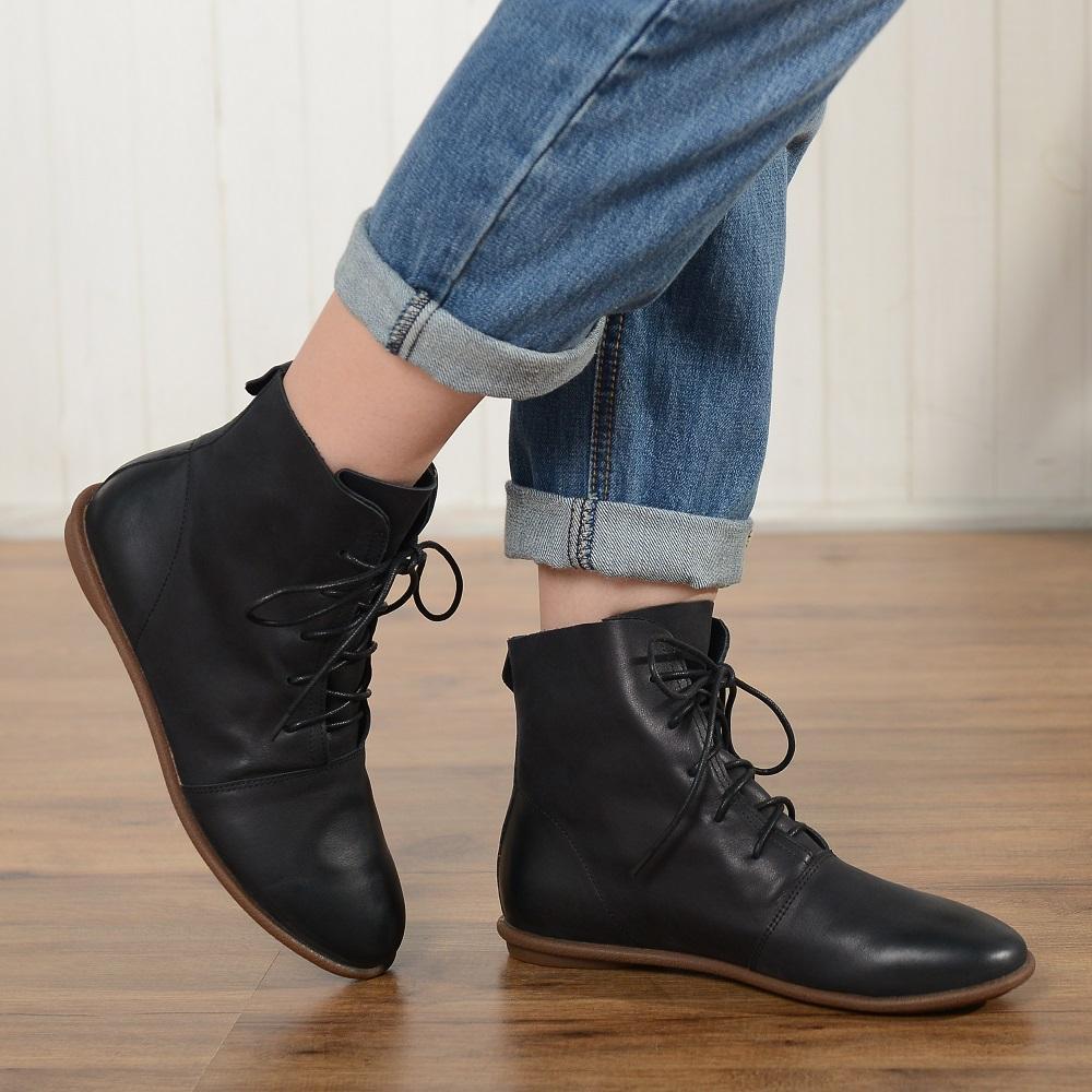 Oxfords For Women Lace Up Flat Sole Ankle Boots Handmade Waxing Leather Martin Boots Black/Brown