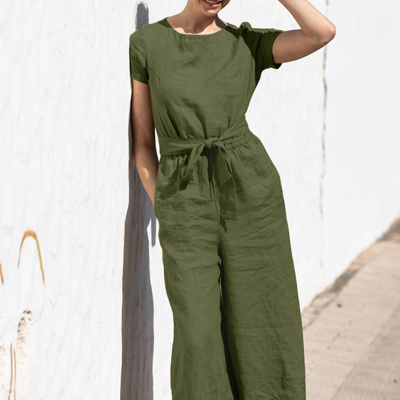 Plain Short Sleeve Linen Jumpsuit