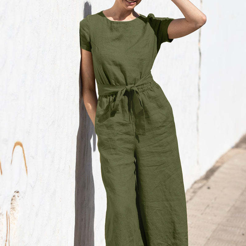 Plain Short Sleeve Linen Jumpsuit