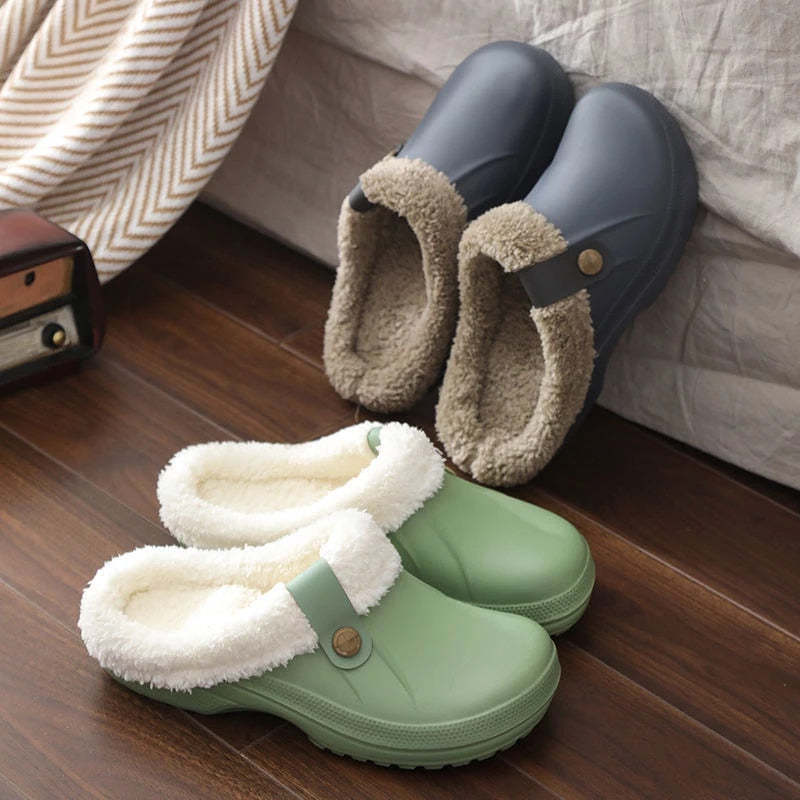 Plush Winter Slippers Women Heel Support Waterproof Slides