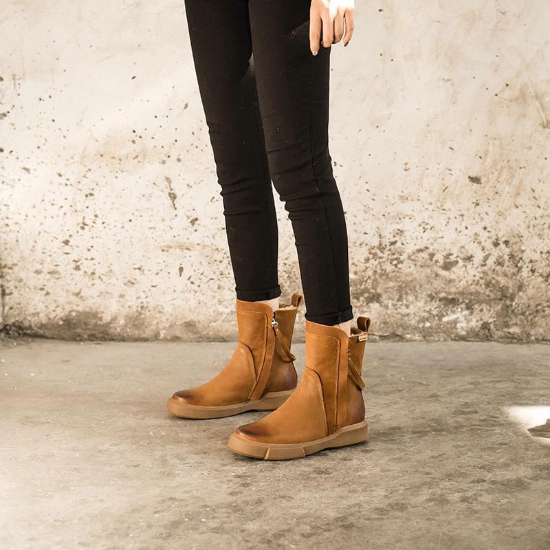 Waxing Leather Chelsea Boots Handmade British Boots Double Zip Fleece Lined Snow Boots