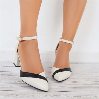 Women Mary Jane Pumps Pointed Toe Ankle Strap Buckle Chunky Block Heels