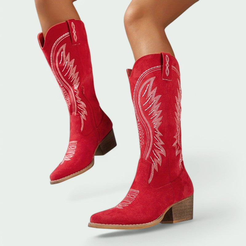 Embroidered Western Cowboy Boots with Low Heel (Women)