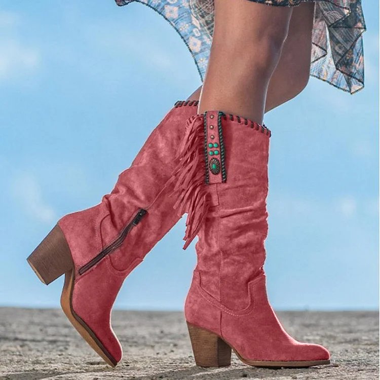 Fashion Thick Heel Frosted High-Tube Fringed Women's Boots