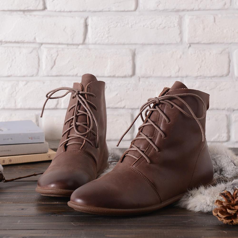 Oxfords For Women Lace Up Flat Sole Ankle Boots Handmade Waxing Leather Martin Boots Black/Brown