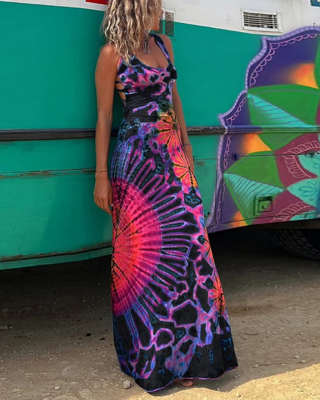 Lace-Up Tie Dye Maxi Dress